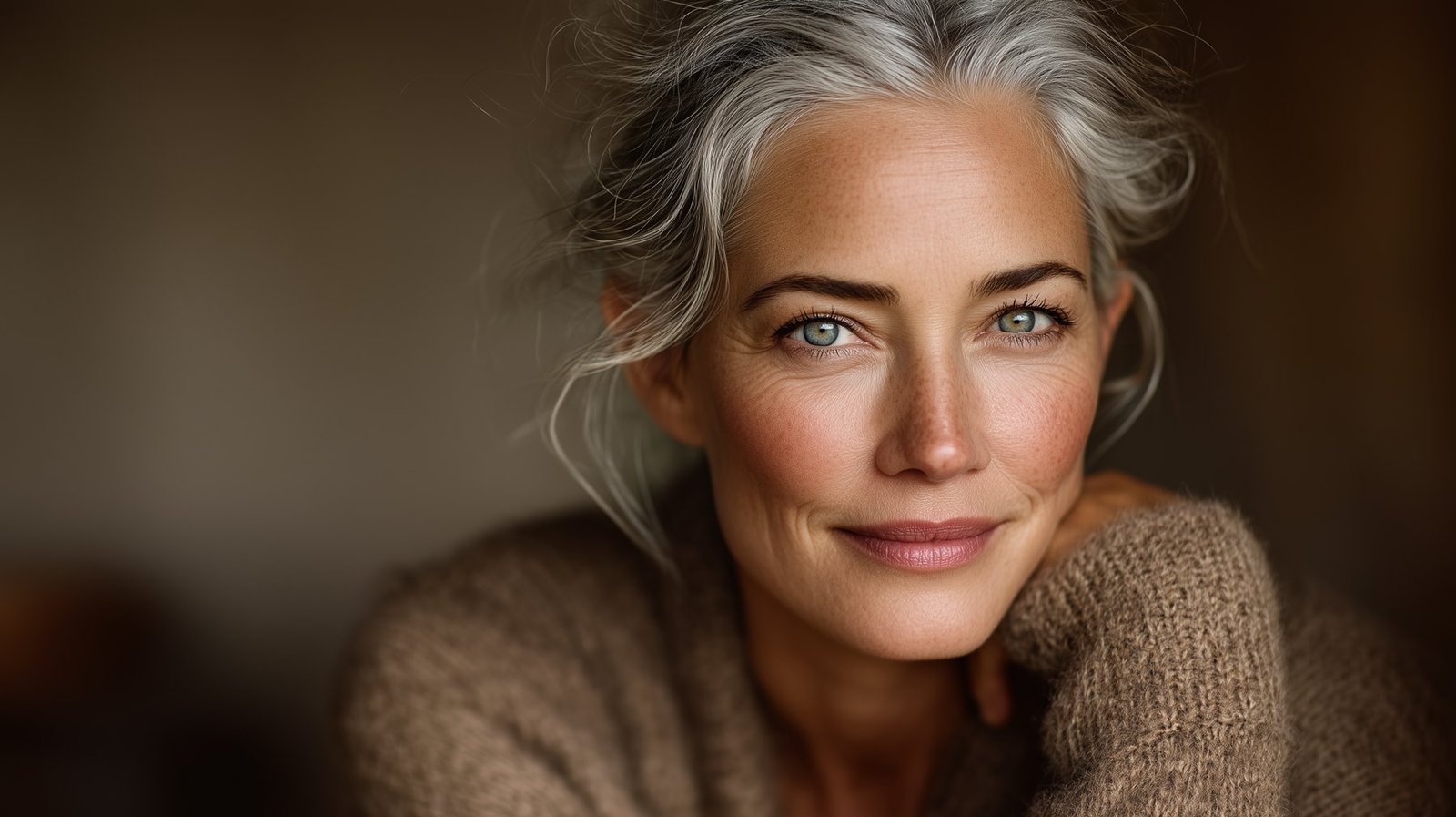 A woman in her fifties resting her chin on her hand, smiling calmly